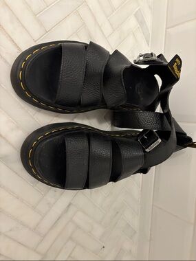 Dr. Martens Black Leather Platform Strappy Sandals with Yellow Stitching